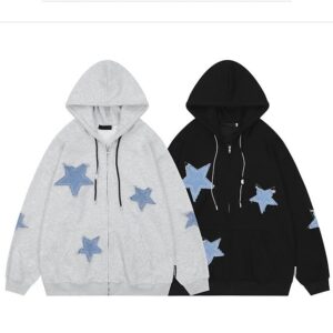 Y2K Hoodie Zip Up Star Jackets Grunge Gothic Graphic Sweatshirt Acubi Emo Hooded Pullover Tops Harajuku Clothes (Black,L)