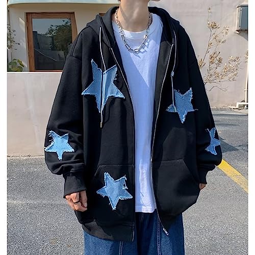 Y2K Hoodie Zip Up Star Jackets Grunge Gothic Graphic Sweatshirt Acubi Emo Hooded Pullover Tops Harajuku Clothes (Black,L)