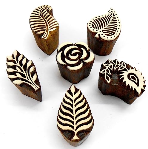 Crafts of India Flowers and Leaf Wooden Blocks Stamps for Printing on Textiles, Pottery Crafts,Henna, Scrapbooking (Set of 6)