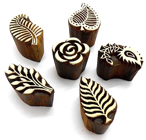 Crafts of India Flowers and Leaf Wooden Blocks Stamps for Printing on Textiles, Pottery Crafts,Henna, Scrapbooking (Set of 6)