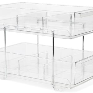 2-Tier Clear Organizer - Pull-Out Kitchen Pantry & Medicine Cabinet Storage - Bathroom Vanity Counter & Under-Sink Slide-Out Tray w/Dividers - Multipurpose Organizing Bins - Closet Container