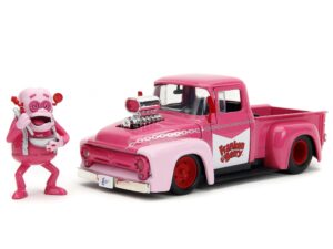 1956 f-100 pickup truck pink with graphics and franken berry diecast figure franken berry hollywood rides series 1/24 diecast model car by jada 32025