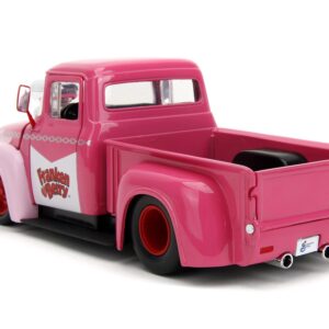 1956 F-100 Pickup Truck Pink with Graphics and Franken Berry Diecast Figure Franken Berry Hollywood Rides Series 1/24 Diecast Model Car by Jada 32025