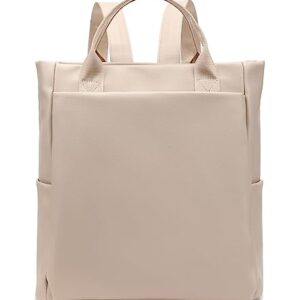 LORADI Convertible Laptop Tote Bag, Faux Leather Backpack Fit for 14 inches Laptop, Beige