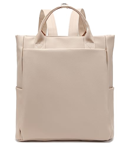 LORADI Convertible Laptop Tote Bag, Faux Leather Backpack Fit for 14 inches Laptop, Beige