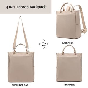 LORADI Convertible Laptop Tote Bag, Faux Leather Backpack Fit for 14 inches Laptop, Beige