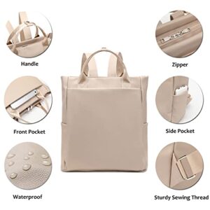 LORADI Convertible Laptop Tote Bag, Faux Leather Backpack Fit for 14 inches Laptop, Beige