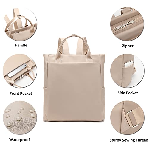 LORADI Convertible Laptop Tote Bag, Faux Leather Backpack Fit for 14 inches Laptop, Beige