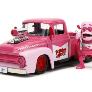 1956 F-100 Pickup Truck Pink with Graphics and Franken Berry Diecast Figure Franken Berry Hollywood Rides Series 1/24 Diecast Model Car by Jada 32025