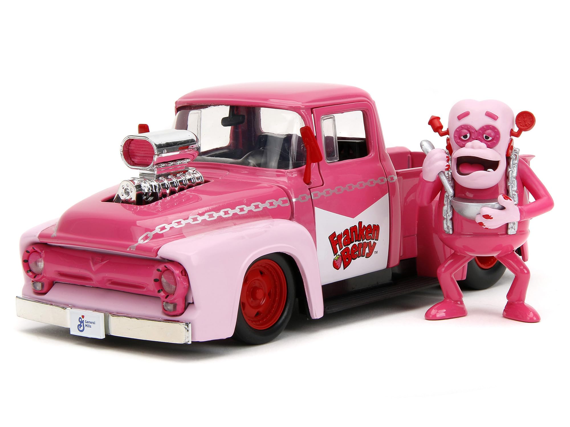 1956 F-100 Pickup Truck Pink with Graphics and Franken Berry Diecast Figure Franken Berry Hollywood Rides Series 1/24 Diecast Model Car by Jada 32025