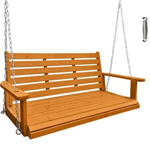 Wooden Porch Swing 2-Seater, Ergonomic Seat, Bench Swing with Hanging Chains and 7mm Springs, Heavy Duty 800 LBS, for Outdoor Patio Garden Yard, Golden Honey