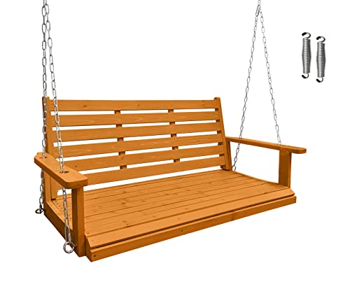 Wooden Porch Swing 2-Seater, Ergonomic Seat, Bench Swing with Hanging Chains and 7mm Springs, Heavy Duty 800 LBS, for Outdoor Patio Garden Yard, Golden Honey