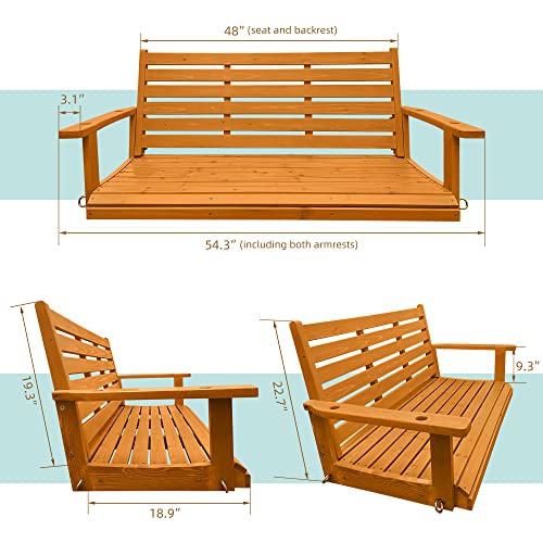 Wooden Porch Swing 2-Seater, Ergonomic Seat, Bench Swing with Hanging Chains and 7mm Springs, Heavy Duty 800 LBS, for Outdoor Patio Garden Yard, Golden Honey