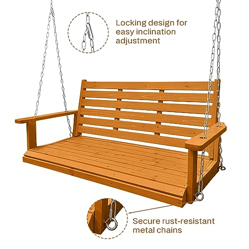 Wooden Porch Swing 2-Seater, Ergonomic Seat, Bench Swing with Hanging Chains and 7mm Springs, Heavy Duty 800 LBS, for Outdoor Patio Garden Yard, Golden Honey