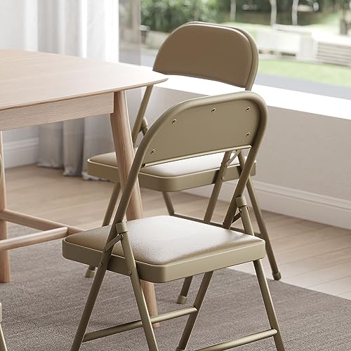 Nazhura 4 Pack Folding Chairs with Padded Cushion and Back, Khaki Metal Chairs with Comfortable Cushion for Home and Office, for Indoor and Outdoor Events (Kahki, 4 Pack)