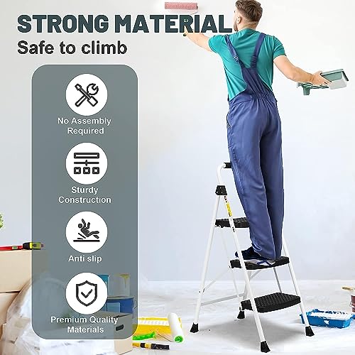 SIMPLI-MAGIC Step Ladder, 3 Step Stool Ergonomic Folding Step Stool with Wide Anti-Slip Pedal Sturdy Step Stool for Adults Multi-Use for Household, Kitchen，Office Step Ladder Stool (3 Step - White)