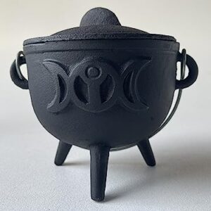 Triple Moon Cast Iron Cauldron with Lid and Handle, Witches Cauldron, Great for Use with Charcoal Incense, Smudge Sage, 4.25"-4.5"