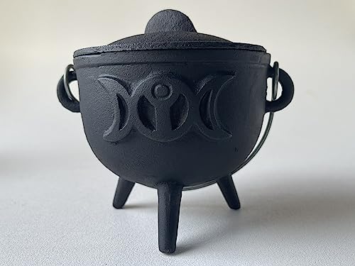 Triple Moon Cast Iron Cauldron with Lid and Handle, Witches Cauldron, Great for Use with Charcoal Incense, Smudge Sage, 4.25"-4.5"