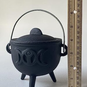 Triple Moon Cast Iron Cauldron with Lid and Handle, Witches Cauldron, Great for Use with Charcoal Incense, Smudge Sage, 4.25"-4.5"