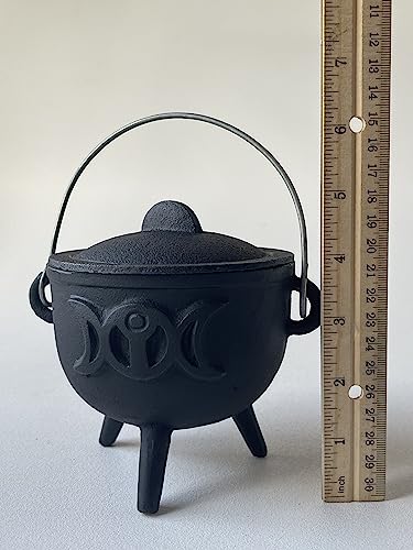 Triple Moon Cast Iron Cauldron with Lid and Handle, Witches Cauldron, Great for Use with Charcoal Incense, Smudge Sage, 4.25"-4.5"