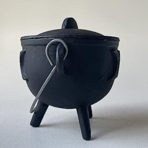 Triple Moon Cast Iron Cauldron with Lid and Handle, Witches Cauldron, Great for Use with Charcoal Incense, Smudge Sage, 4.25"-4.5"