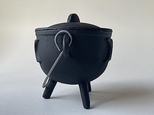 Triple Moon Cast Iron Cauldron with Lid and Handle, Witches Cauldron, Great for Use with Charcoal Incense, Smudge Sage, 4.25"-4.5"