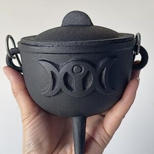 Triple Moon Cast Iron Cauldron with Lid and Handle, Witches Cauldron, Great for Use with Charcoal Incense, Smudge Sage, 4.25"-4.5"