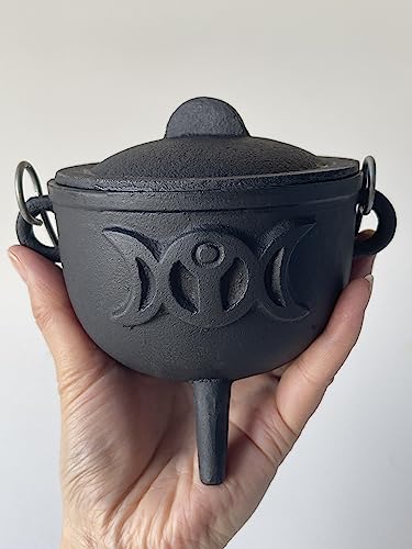 Triple Moon Cast Iron Cauldron with Lid and Handle, Witches Cauldron, Great for Use with Charcoal Incense, Smudge Sage, 4.25"-4.5"