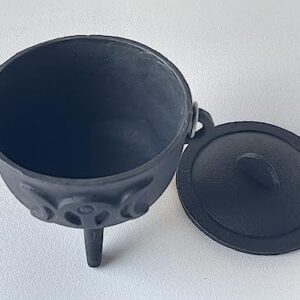 Triple Moon Cast Iron Cauldron with Lid and Handle, Witches Cauldron, Great for Use with Charcoal Incense, Smudge Sage, 4.25"-4.5"