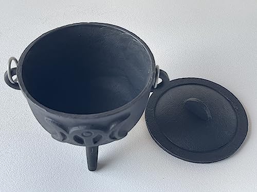 Triple Moon Cast Iron Cauldron with Lid and Handle, Witches Cauldron, Great for Use with Charcoal Incense, Smudge Sage, 4.25"-4.5"