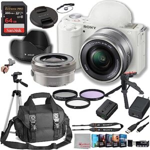 sony zv-e10 mirrorless camera with 16-50mm lens 64gb extreem speed memory, case. tripod, filters, hood, grip, & professional video & photo editing software kit (white)