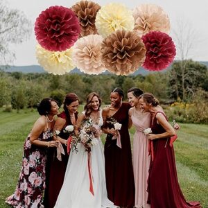 Brown Burgundy Champagne-Gold Party-Decorations - 30pcs Rustic Boho Wedding Tissue Pom-Poms Streamers ,Fall Autumn Tassel Garland Banner,Birthday Baby Bridal Shower Engagement Decor Lasting Surprise