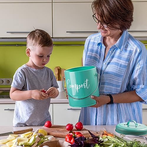 Teal Compost Bin Kitchen - 1.3 Gallon Turquoise Kitchen Compost Bin Countertop - Indoor Countertop Compost Bin with Lid - Rust Proof Compost Bucket - Teal Kitchen Decor and Accessories