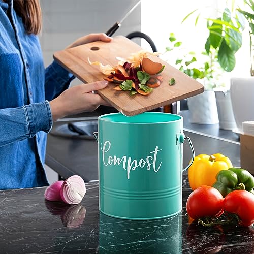 Teal Compost Bin Kitchen - 1.3 Gallon Turquoise Kitchen Compost Bin Countertop - Indoor Countertop Compost Bin with Lid - Rust Proof Compost Bucket - Teal Kitchen Decor and Accessories