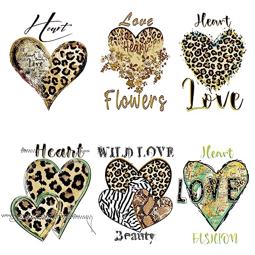 Leopard Iron On Transfers Patches Retro Heart Iron On Decals Love Patches for Clothes Rub On Transfer Stickers for Clothes T-Shirt Jacket Jeans Pants Handbag Washable DIY Decorations 6 Sheets