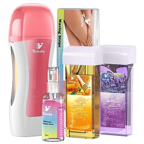 Vuteehy Roll on Wax Kit, Wax Roller Kit for Larger Areas of the Body Hair Removal, with 2 Soft Wax Cartridge and 50 Wax Strips and 1 Post Wax Oil, Home Wax Roller Waxing Kit for Women and Men