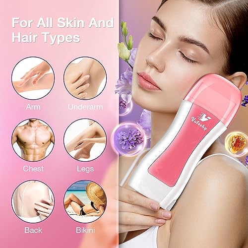 Vuteehy Roll on Wax Kit, Wax Roller Kit for Larger Areas of the Body Hair Removal, with 2 Soft Wax Cartridge and 50 Wax Strips and 1 Post Wax Oil, Home Wax Roller Waxing Kit for Women and Men