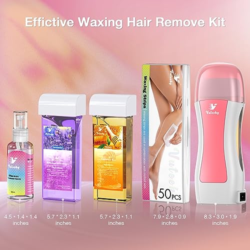 Vuteehy Roll on Wax Kit, Wax Roller Kit for Larger Areas of the Body Hair Removal, with 2 Soft Wax Cartridge and 50 Wax Strips and 1 Post Wax Oil, Home Wax Roller Waxing Kit for Women and Men