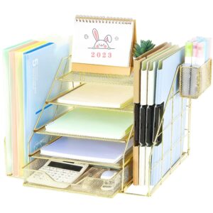 spacrea 5-tier paper letter tray organizer with file holder - office desk accessories & workspace organizers with drawer and pen holder, cute desk organizer for office supplies (gold)