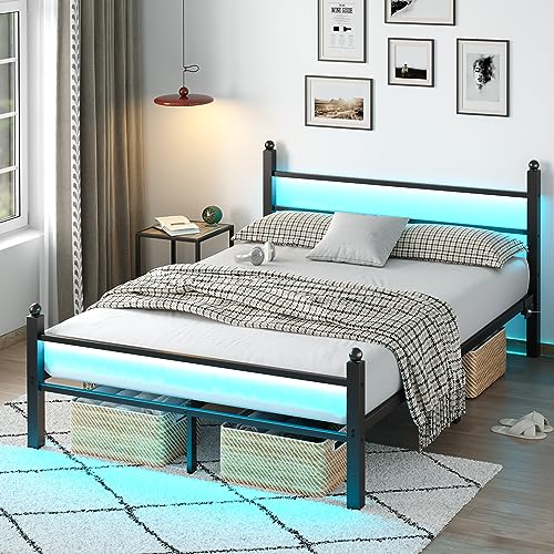 CollaredEagle Full Size Bed Frame with Headboard and Footboard,Heavy Duty Steel Slats Support Metal Bed Frame with Charging Station,No Box Spring Needed/Easy Assembly, Black