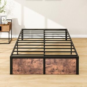verfarm full size bed frames with vintage wood footboard, heavy duty metal platform bed frame full, mattress foundation with steel slat support, no box spring needed, easy assembly, vintage brown
