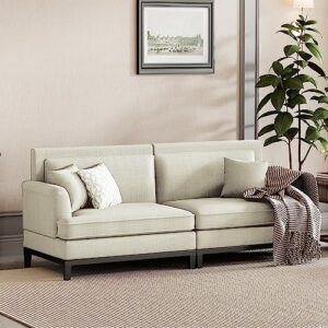 P PURLOVE Modern Loveseat Sofa with Sturdy Wood Legs, Upholstered Country Style Sofa with 2 Throw Pillows, Love Seats Furniture for Small Spaces, Couch for Living Room, Office, Bedroom, Beige