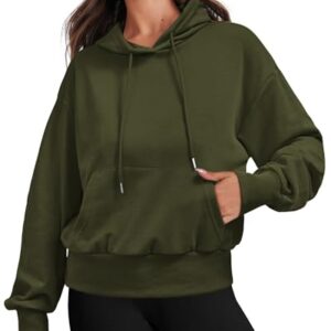 BTFBM Women's Casual Long Sleeve Cropped Hoodies Pullover Fall Winter Fashion Drawstring Sweatshirts Tops Pockets(Solid Army Green, Large)