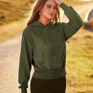 BTFBM Women's Casual Long Sleeve Cropped Hoodies Pullover Fall Winter Fashion Drawstring Sweatshirts Tops Pockets(Solid Army Green, Large)