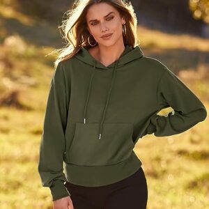 BTFBM Women's Casual Long Sleeve Cropped Hoodies Pullover Fall Winter Fashion Drawstring Sweatshirts Tops Pockets(Solid Army Green, Large)