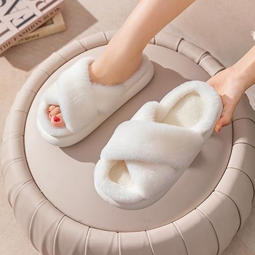 WATMAID Womens Slippers Fluffy Slippers Ultra Soft Open Toe Fuzzy House Slippers Plush Fur Slippers Memory Foam Slippers for Womens Thick Sole,White