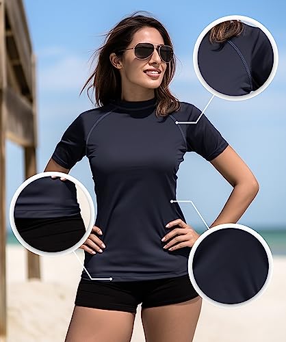 Rash Guard Fishing Shirt for Women UV Protection Short Sleeve Womens Alice UPF 50 Navy Blue Swimsuit Top (XL)