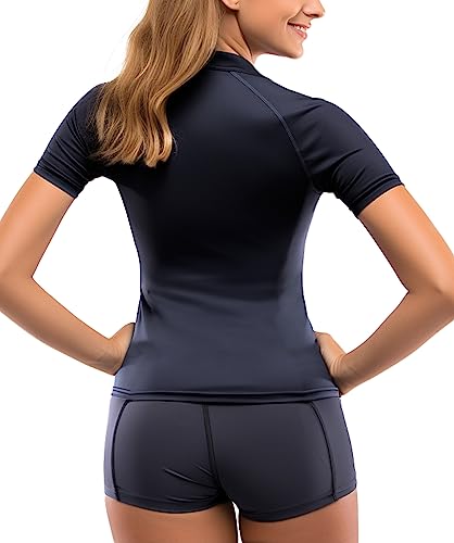 Rash Guard Fishing Shirt for Women UV Protection Short Sleeve Womens Alice UPF 50 Navy Blue Swimsuit Top (XL)