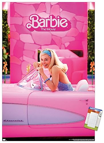 Trends International Mattel Barbie: The Movie - Barbie Car Wall Poster, 14.725" x 22.375", Premium Poster & Mount Bundle