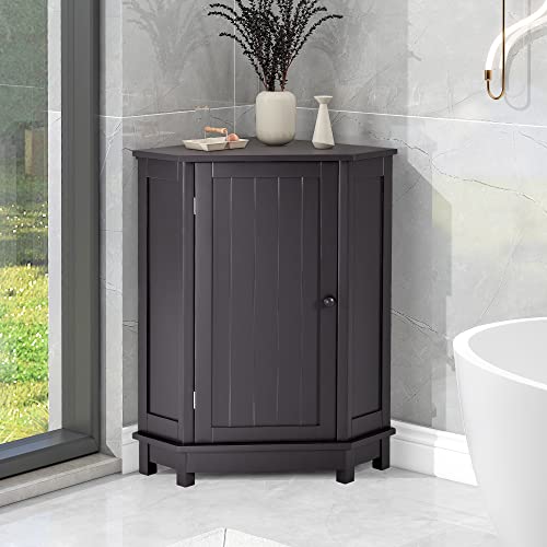 P PURLOVE Bathroom Storage Cabinet with Adjustable Shelves,Free Standing Corner Cabinet with Single Door, Freestanding Floor Cabinet for Bathroom Laundry Room Entryway Kitchen Pantry (Black Brown)